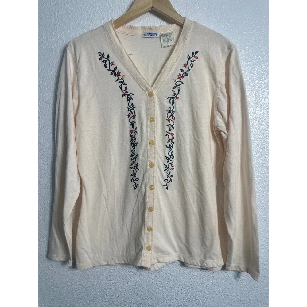 White Stag Womens Cream Floral Embroidered Button Front Cardigan Top Medium NWT - Picture 1 of 7